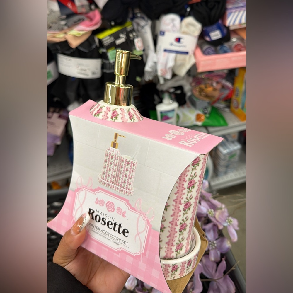 Floral Pink Ceramic Soap Dispenser with Gold Pump